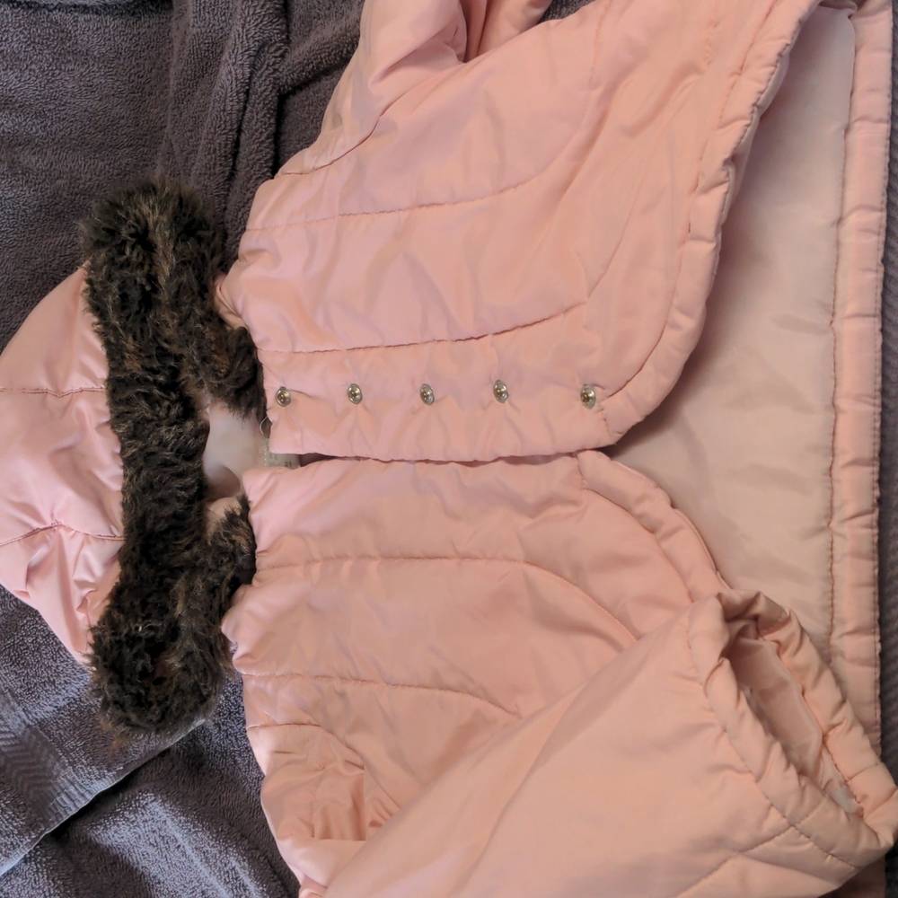 Light pink faux fur rimmed hooded jacket